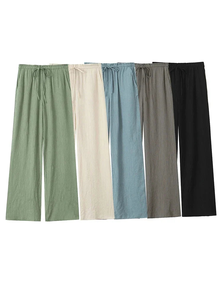 Drawstring Elastic Waist Wide Leg Summer Women Pants Beige Casual Loose Female Long Pantalones 2025 5 Colors Pants