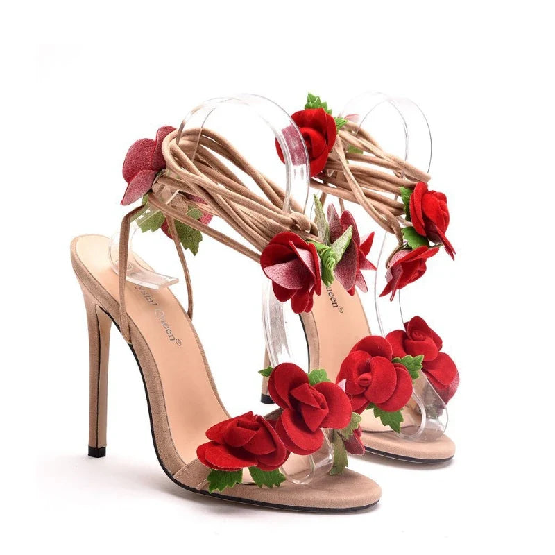 New Satin Rose High Heel Cross Straps Round Head Fine Heel Super High Heel Large Size Strappy Women's Sandals Wedding Shoes