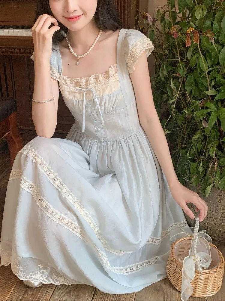 Summer French Retro Style Dress Women Sweet Lace Edge Flutter Sleeve Clothes Bow Blue Long Dresses Elegant Chic Style New