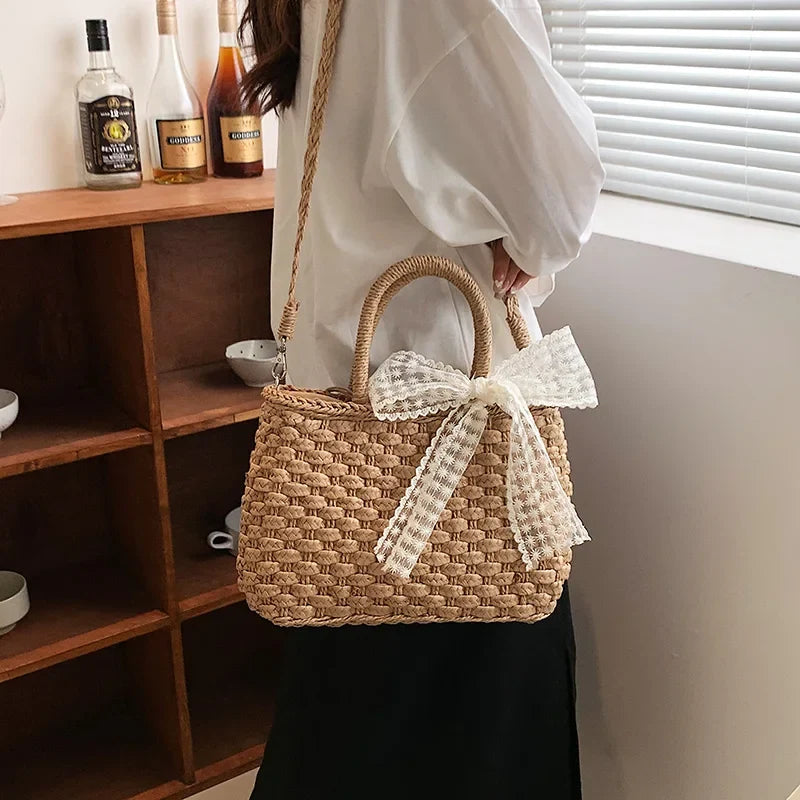 Luxury Designer Women's Hand Woven Straw Bag Summer New Bohemian Beach Seaside Travel Handbag Lace Bow Drawstring Tote Picnic