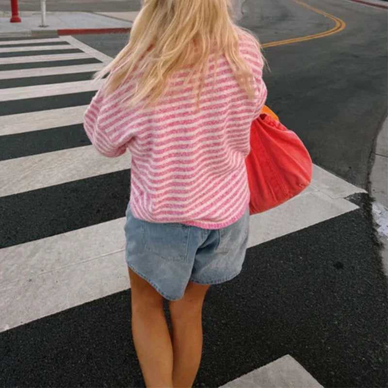 Womens Knitted Sweater Tops Fall Long Sleeve Crew Neck Striped Button Loose Pullover Jumpers Preappy Casual Knitwear
