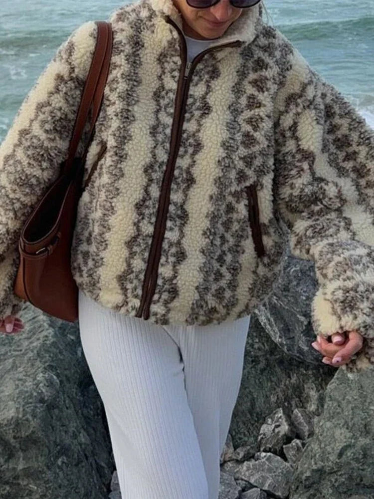 Vintage Plush Printed Jackets Women Casual Warm Zipper Stand Collar Short Coats Female New Spring Winter Chic Street Outwear