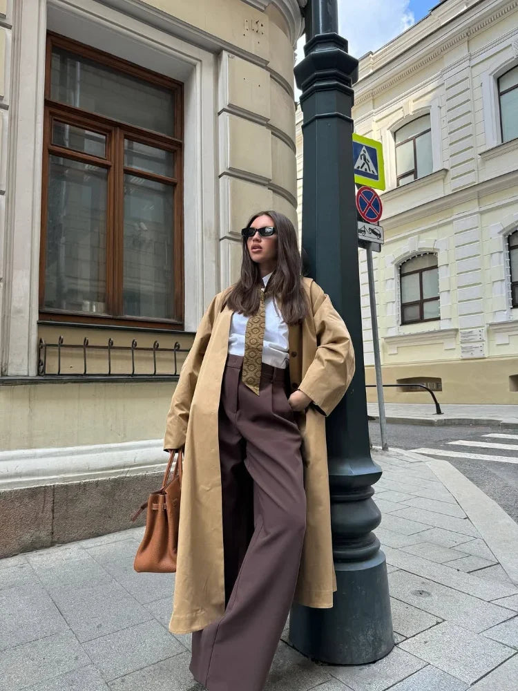 Women Khaki Lapel Long Windbreaker Fashion Single Breasted Full Sleeve Causal Jacket New Autumn Lady High Street Outerwear