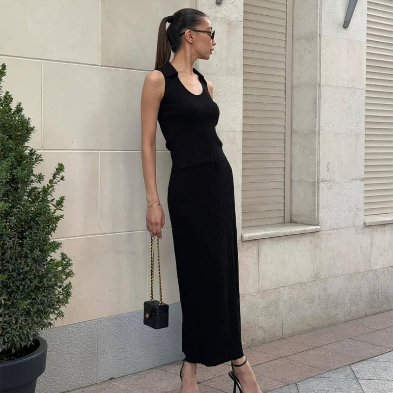 Elegant Lapel Tank Top Dress Set 2 Piece Women's Fashion Solid Color Long Skirt Set Casual Sleeveless Slim Top Skirt Set