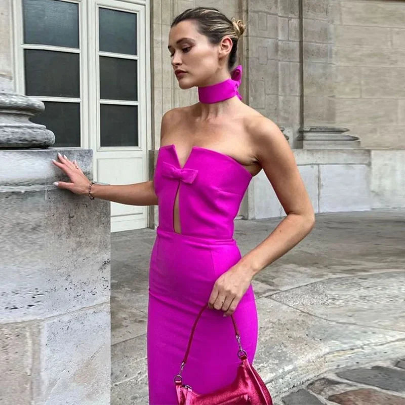Fashion Solid Sleeveless Women Dresses Chic Backless Bow Hollow Out Female DressNew Sexy Evening Hip Package Lady Vestidos