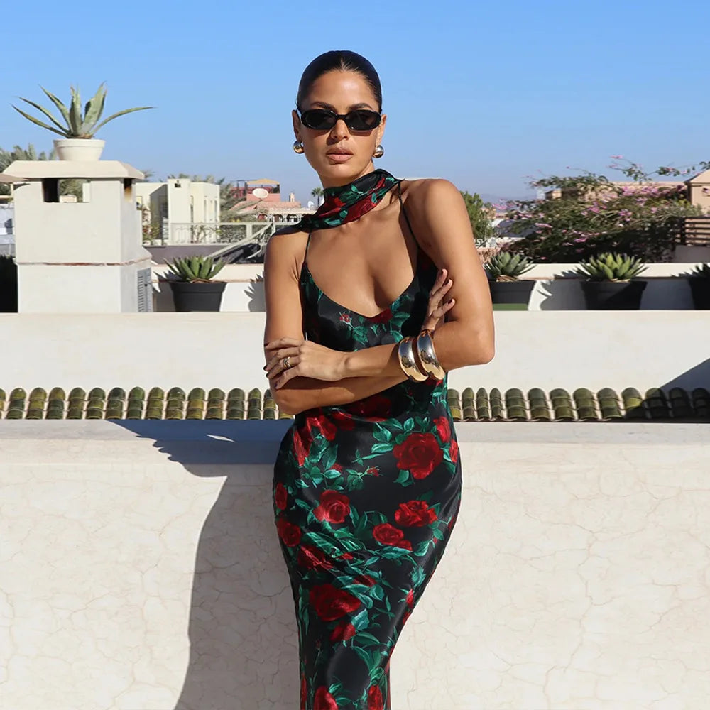 Deep V Spaghetti Strap Floral Print Bodycon Maxi Dress