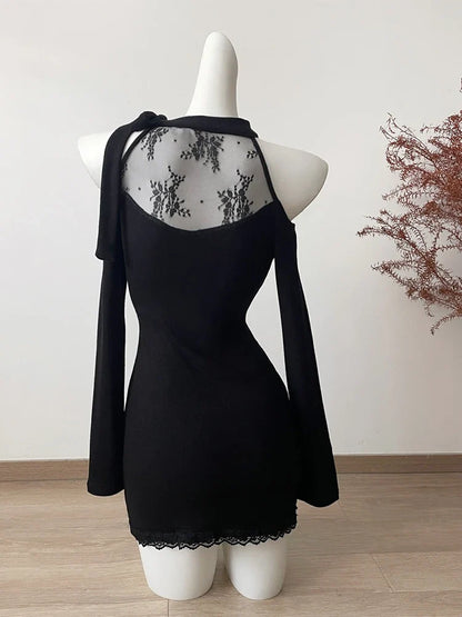 Women Black Gothic Bodycon Evening Dress Vintage Off Shoulder Long Sleeve Long Luxury Dresses Y2k One Piece Frocks 2000s Clothes