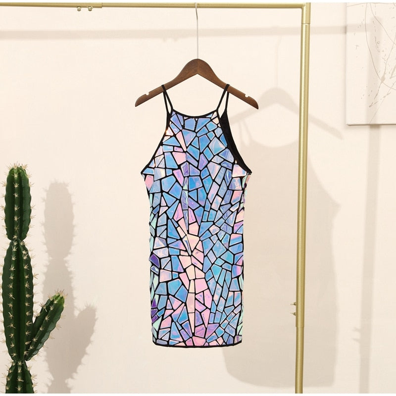 Mirror Mosaic Tile Halter Bodycon Mini Dress