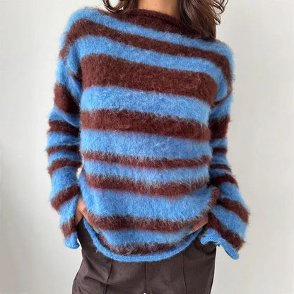Striped Sweater Women Contrast Color Knitted O-neck Long Sleeve Loose Chic Pullover Female Winter New Top Pollover