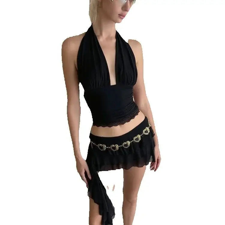 Chic Sexy 2-Piece Set Women Halter v-Neck Backless Folds Lace Vest+Tierred Tassels Butterfly Skirts Matching Party Suits
