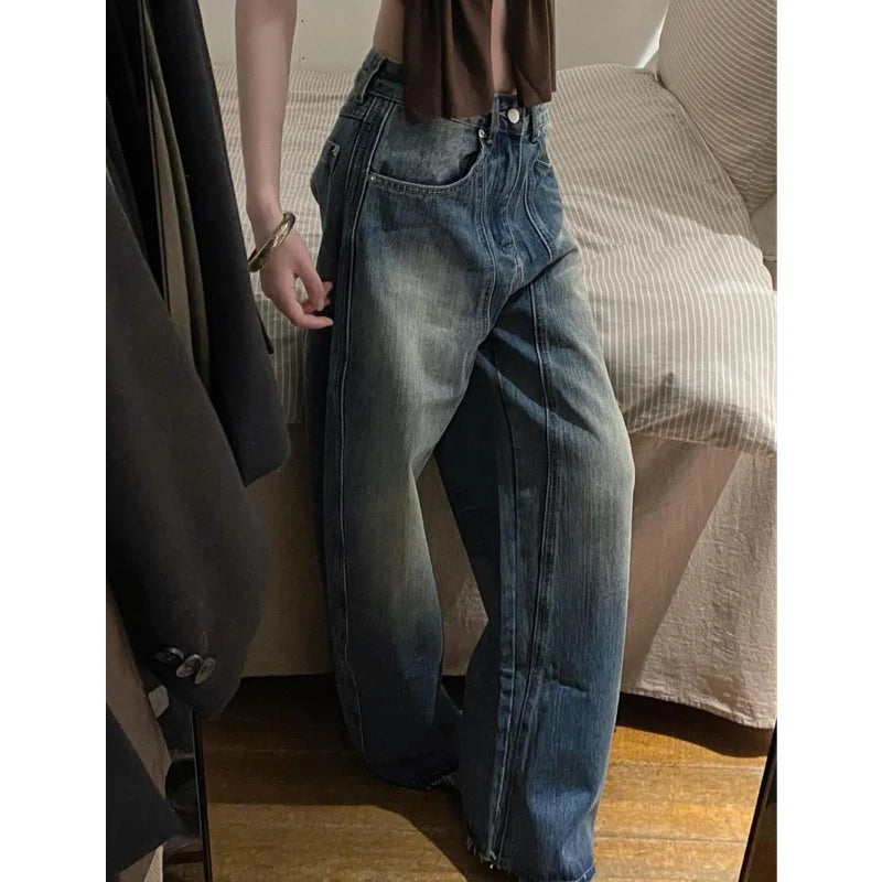Blue Jeans Women 90s Vintage Personality High Waisted Straight Trouser Streetwear Casual Loose Girl Wide Leg Classic Denim Pants