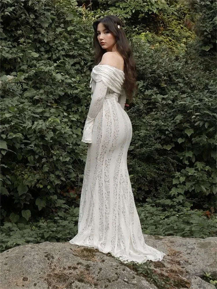 Autumn Lace Off-Shoulder Mini Dress For Women See-Through Printed Lace-Up High Waist Elegant Party Dress Female Sexy Gown