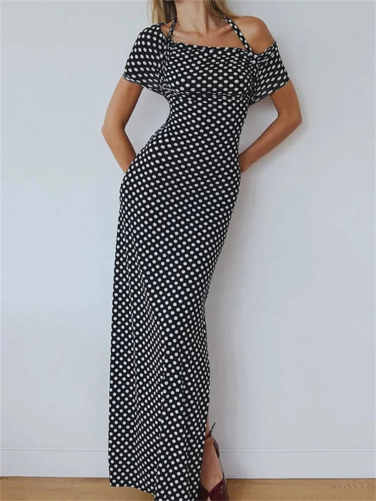 Off-Shoulder Fashion High Waist Long Dress For Women Side Split Printed See-Through Short Sleeve Dress Summer Maxi Dress