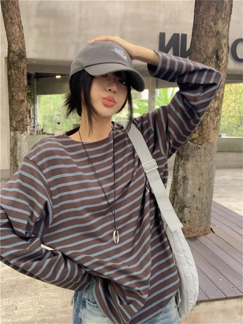 Loose Tees Stripes Vintage Streetwear All Match Fashion Oversize Full Sleeve Autumn Casual Office Lady T-Shirts