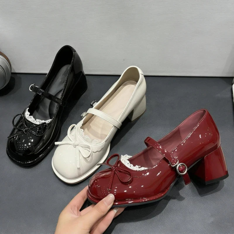 Spring Butterfly-knot Women Mary Jane Shoes Ladies Shallow Buckle Strap Shoes Eelgant Thick Heel Dress Leather Shoes