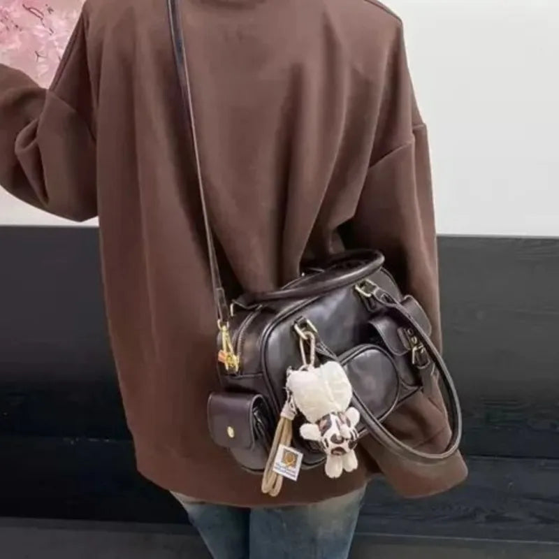 Retro Brown Bowling Tote Bag Women Ladies Leather Multi Pocket Large Capacity Shoulder Bag Ladies Fashion Boston Crossbody Bags
