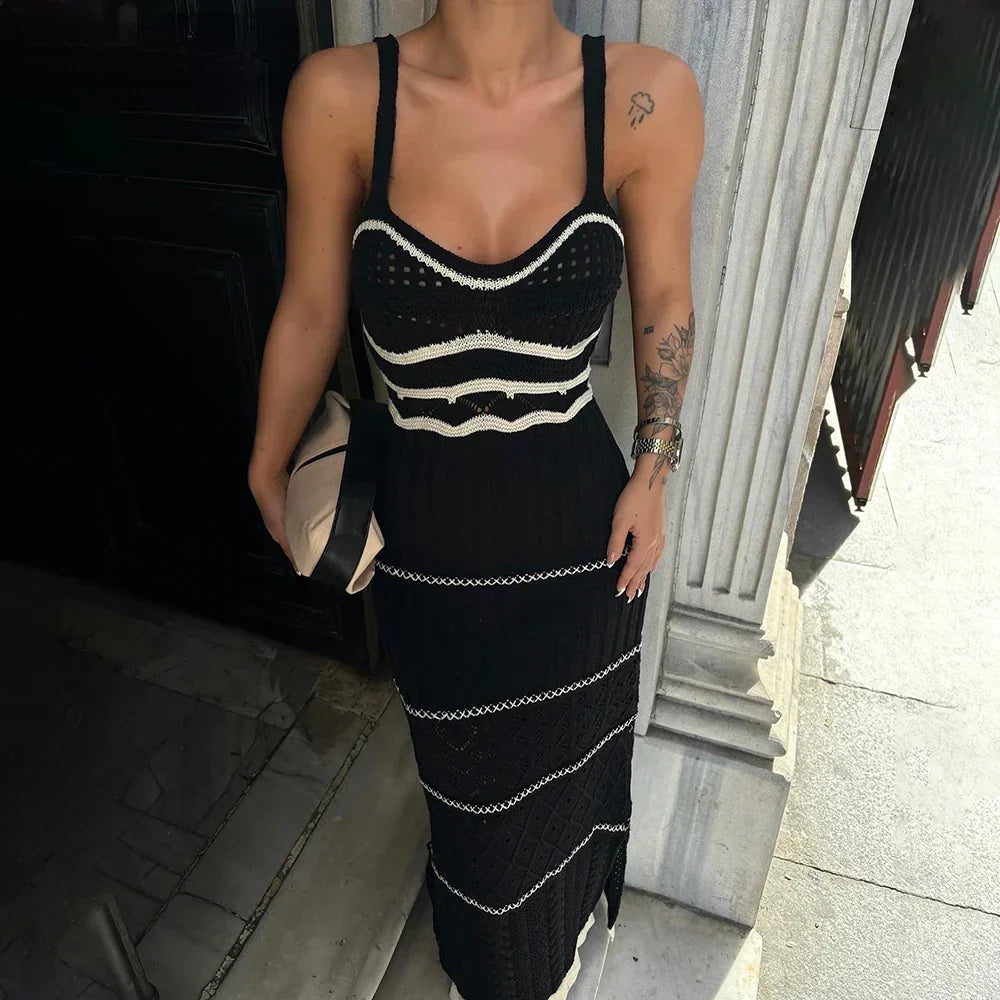 Striped Mixed Knit Scoop Neck Side Slit Maxi Dress