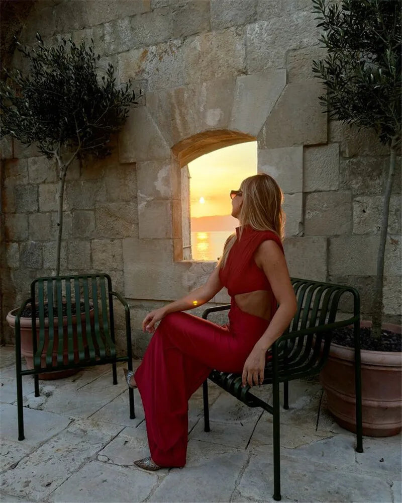 Mock Neck Structured Shoulder Waist Cutout Satin Maxi Gown