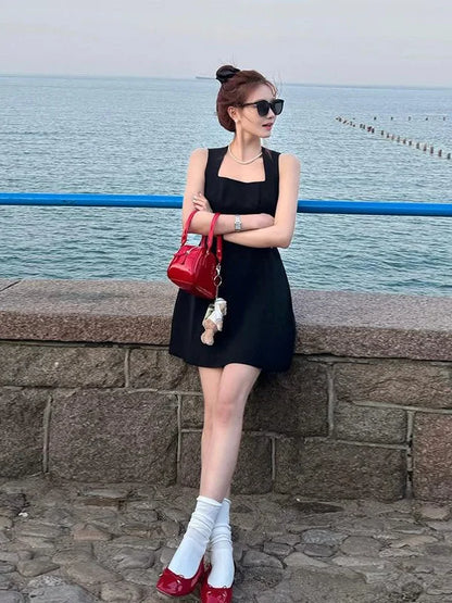 Slimming A-Line Dress Vest Style Korean Version Spring New Arrival Women's Fashionable Black Dress Commute Polyester Fiber