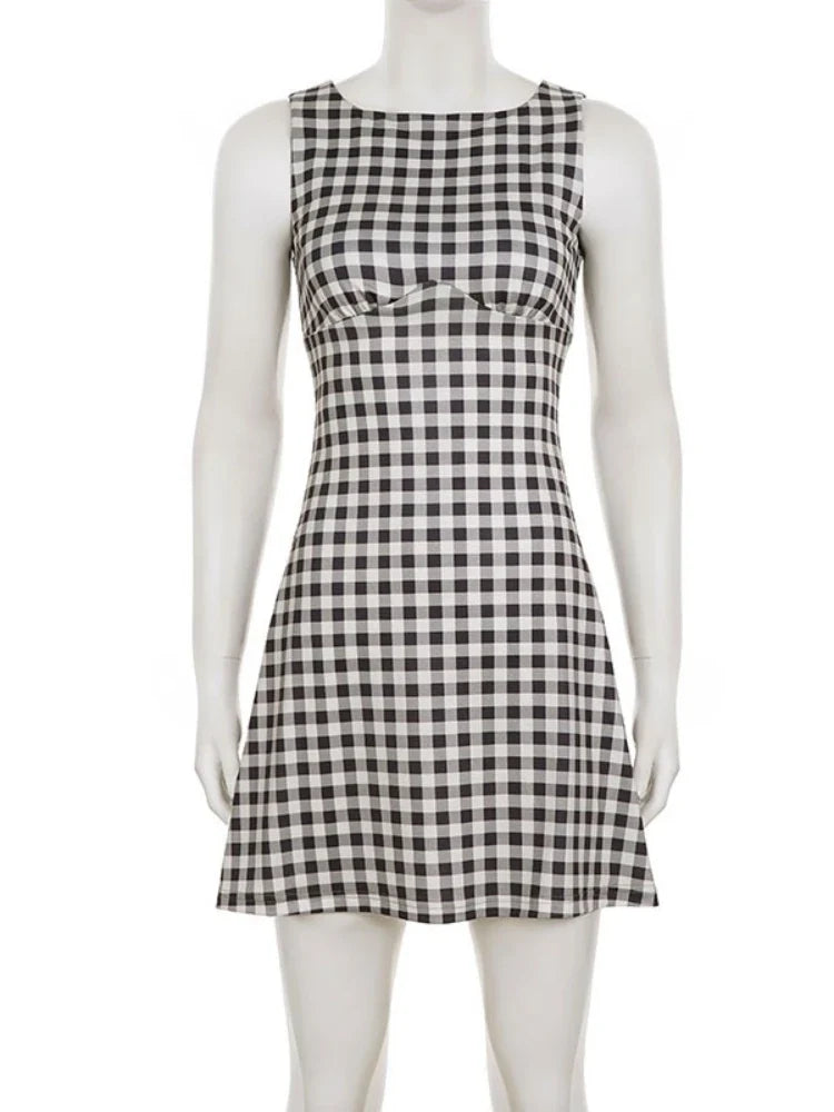 Elegant Women A Line Short Dress Fashion O Neck Plaid Print Sleeveless Tie Waist French Retro Casual Summer Mini Dress