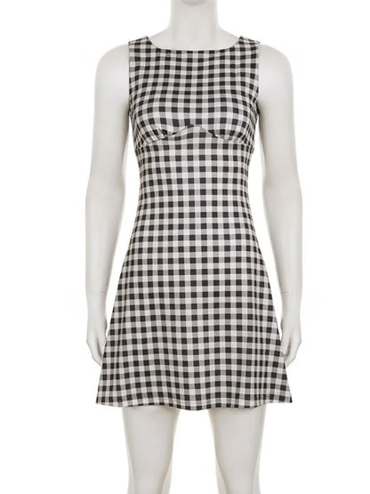 Elegant Women A Line Short Dress Fashion O Neck Plaid Print Sleeveless Tie Waist French Retro Casual Summer Mini Dress