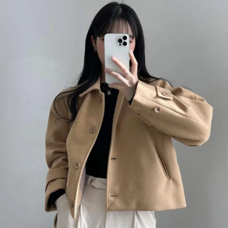 Short Cashmere Coat for Women, Wool Overcoat, Lapel Collar, Single Breasted, Female Outerwear, Autumn and Winter,