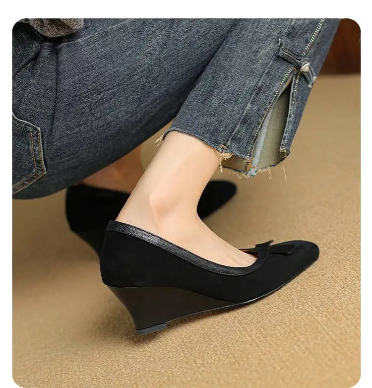 Women's Wedges Pumps Faux Suede Boat Shoes High Heels Slip on Dress Shoes Autumn Bow Boat Shoes for Zapatos Mujer 1861