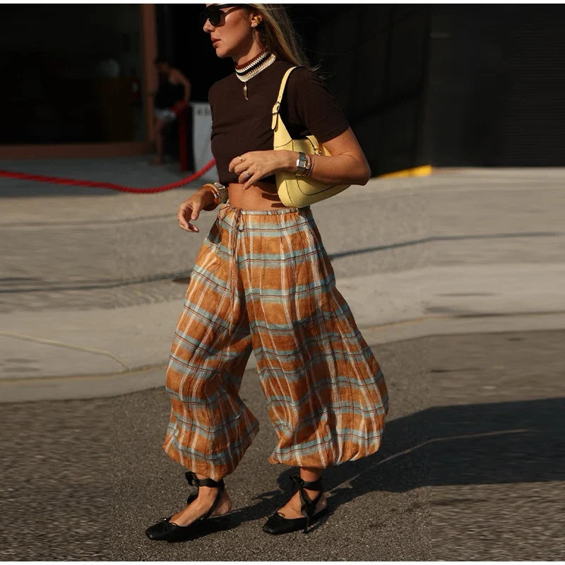 Retro Plaid Loose Jogger Pant Women Chic Casual Drawstring Long Pants Female 2025 Autumn Versatile Fashion Street Trousers