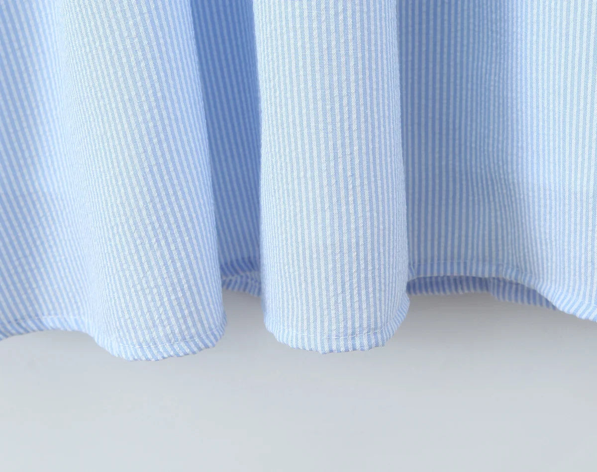 Rural Style Striped Dress New 2026 Women Pink Blue Puff Sleeve Casual Elegant Vacation Summer Dresses Midi Robe