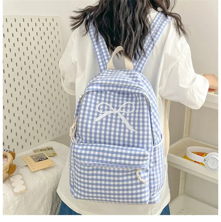 Y2k Aesthetic Bow Contrast Color Plaid Backpack Women Casual High-capacity Ins Schoolbags Fashion Chic Ins Backpacks for Sudents