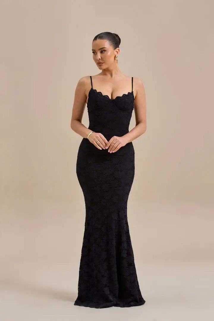 Sweetheart Spaghetti Strap Floral Lace Bustier Mermaid Maxi Gown