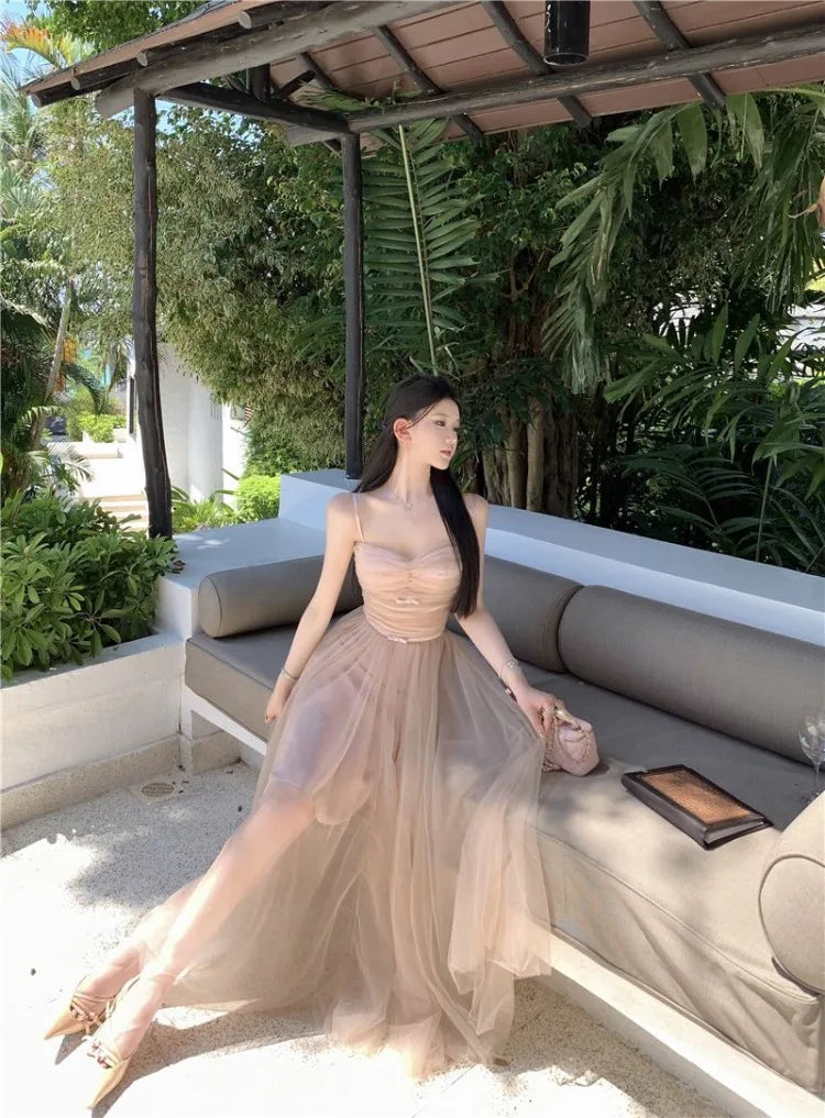 Woman Dress Bow Sleeveless Slash Neck Mesh Patchwork Princess Sweet Elegant Summer Fashion Party Dresses Female