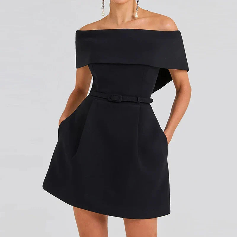 Off Shoulder Belted Fit and Flare Pocket A-Line Mini Dress