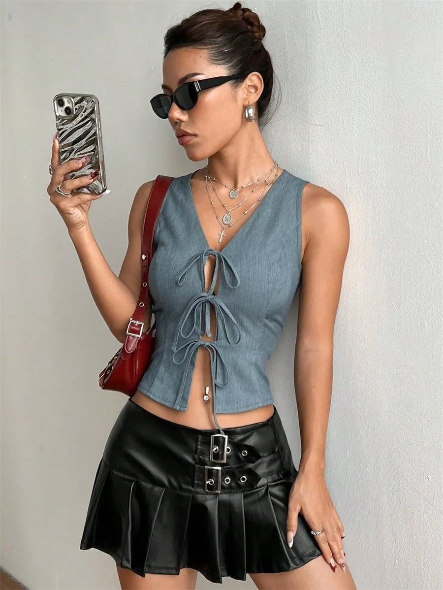 Solid Lace-up V-neck Blouse
