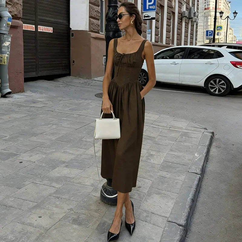 Retro Sleeveless Midi Dress Women Summer High Waist Lace Up Ruffle Long Dresses Holiday Beach Party Backless Dress Femme