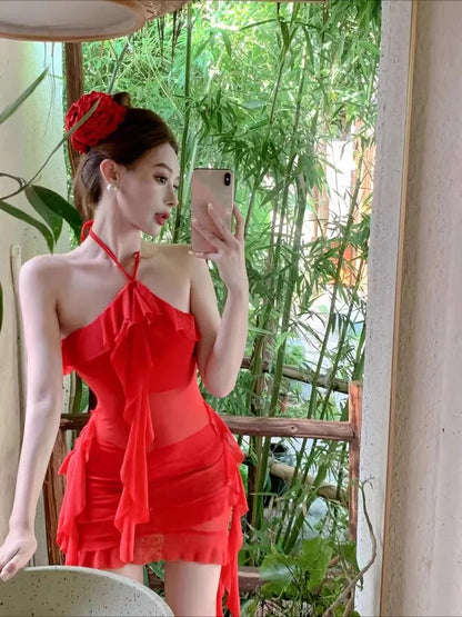 Sexy Dresses Women Irregular Ruffles Sleeveless Halter Mesh Patchwork Slim Backless Elegant Dress Party Female Holiday