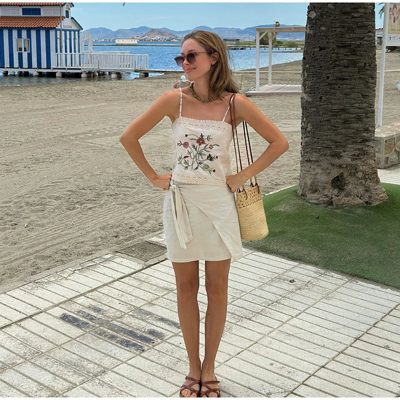 Bead Flower Embroidery Tank Top Shorts Suits 2 Pieces Women Backless Strap Sleeveless Vest Wide Leg Shorts Suits Patchwork Sexy