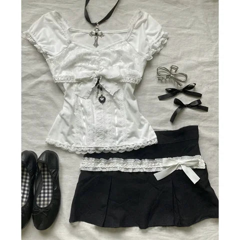 Lace Patchwork Two-piece Short-sleeved Skirt Set Fashion Street Slim Fit Short Sleeve T-Shirt Korean Style Two Piece Set