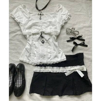 Lace Patchwork Two-piece Short-sleeved Skirt Set Fashion Street Slim Fit Short Sleeve T-Shirt Korean Style Two Piece Set