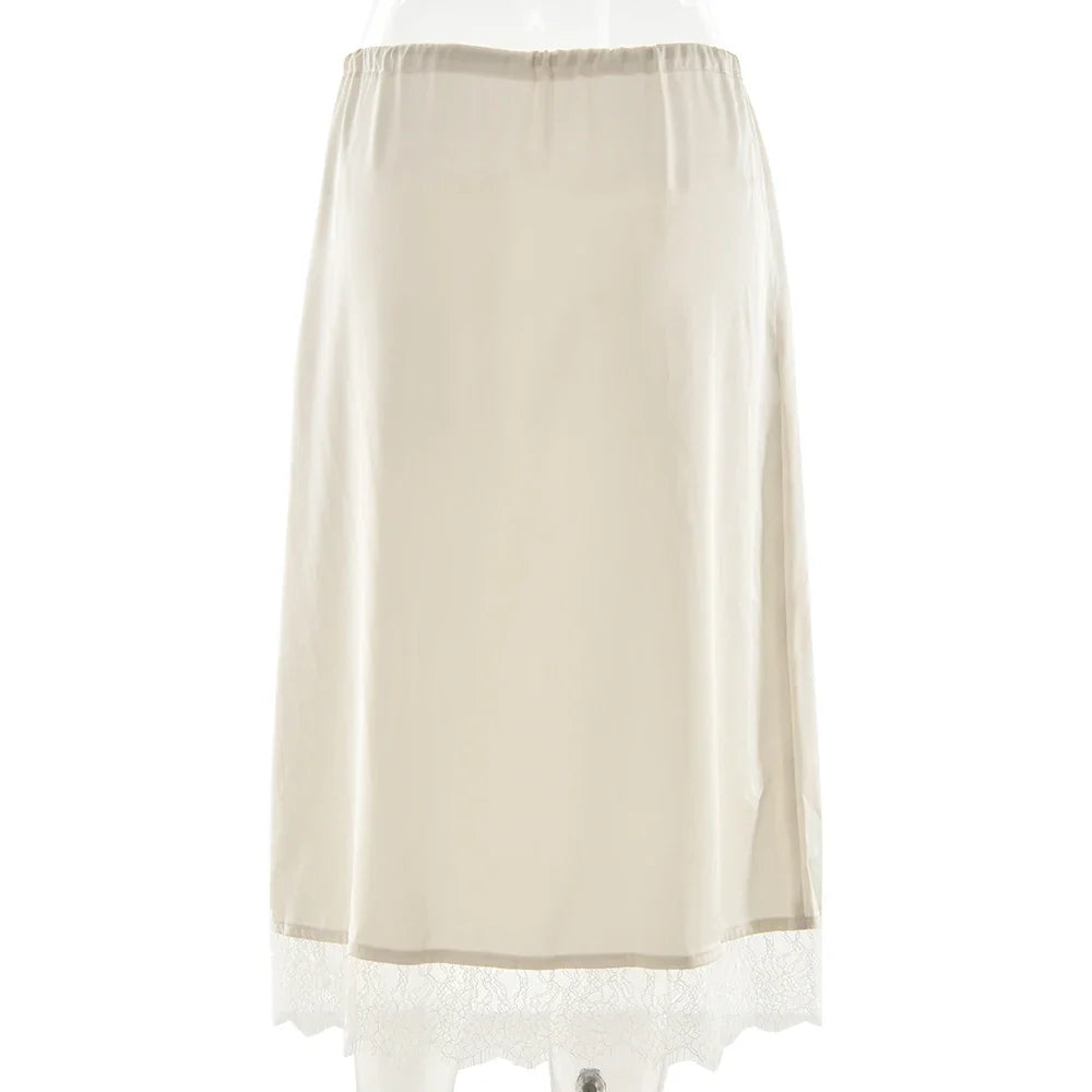 Fashion Satin Lace Patchwork Drawstring Short Skirt Feminine Elegant Slim Fit Midi Skirt Female Summer Streetwear