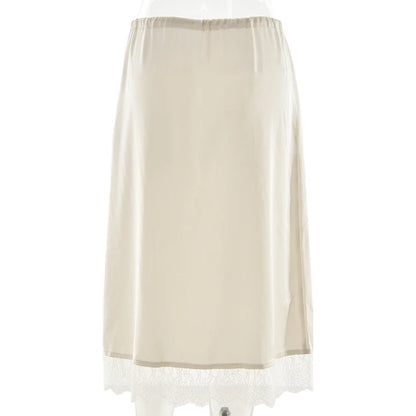 Fashion Satin Lace Patchwork Drawstring Short Skirt Feminine Elegant Slim Fit Midi Skirt Female Summer Streetwear