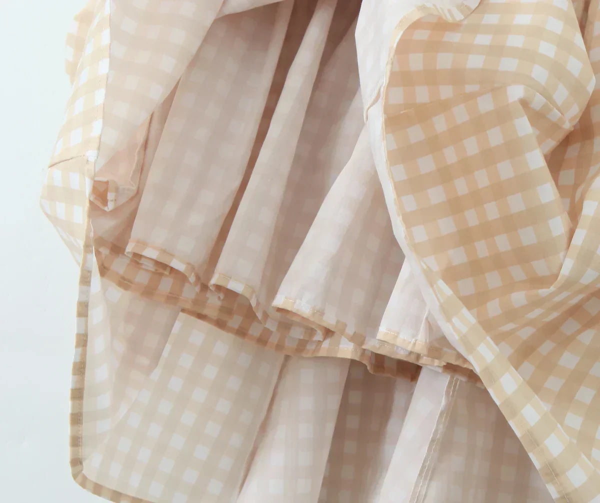 Gingham Check Square Neck Princess Seam Pleated Ball Gown Mini Dress