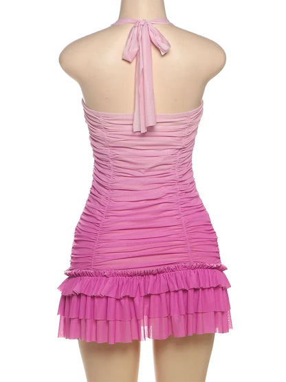 Folds Gradient Dress Women Halter Bandage Multilayer Ruffles Metal Trim Low-Neck Sleeveless Backless Summer Mini Bodycon