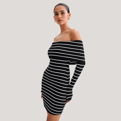 Off Shoulder Bardot Horizontal Stripe Rib Knit Long Sleeve Bodycon Mini Dress