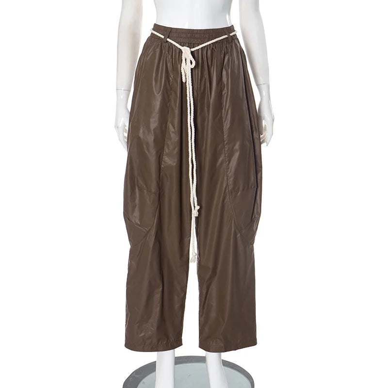 Women's Streetwear Pants Influencer Loose Casual Pleated Waist Hanging Rope Decoration Windproof Pocket Long Trousers Pants