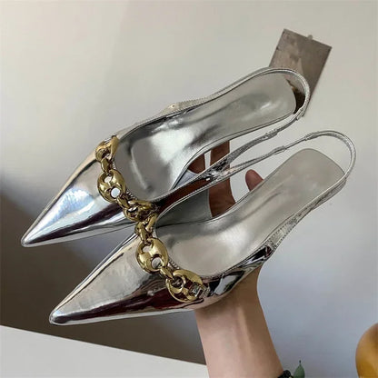 Sexy Pointed Toe Thin Low Heel Slingbacks Sandals Women Summer Elegant Metal Chain Decoration Women Pumps Casual Mules Shoes