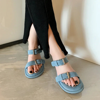 New Blue Denim Jeans Slippers Women Outdoor Mules Mid Heels Fashion Metal Buckle Designer Sandals Square Toe Ladies Slides
