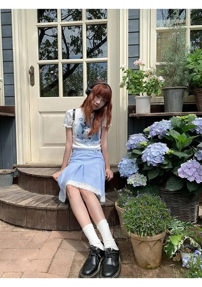 Elegant Skirts Women Floral Printed Plaid Lace Patchwork Spring Summer Sweet Vintage Fashion Female Skirt Casual