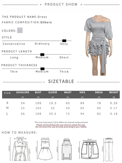 Off Shoulder Ruched Tassel Mini Dress Women Y2K Solid Style Skew Collar Short Sleeve Street Fashion Elegant Daily Outfits