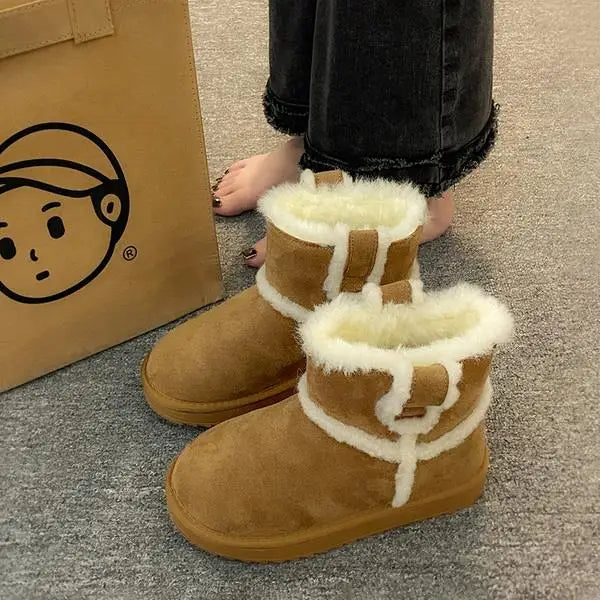 Flat Heel Snow Boots For Women Shoes Round Toe Winter Footwear Boots-Women Plush Ladies Low Fur Fabric Solid Rome Basic La
